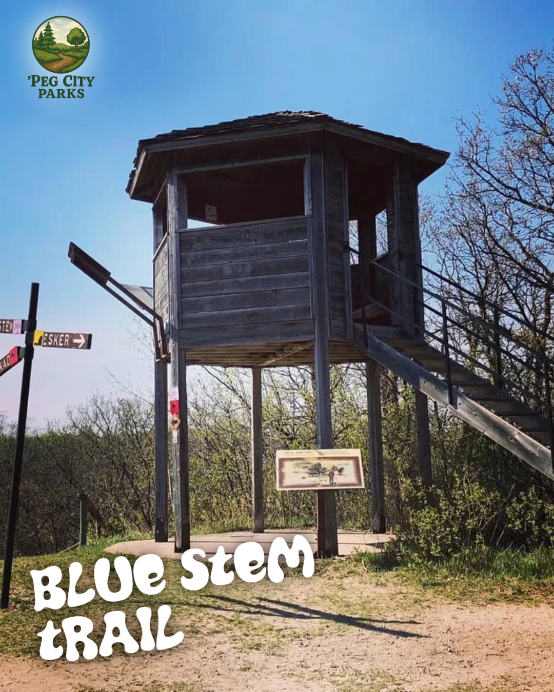 Image of the lookout tower on the Blue Stem Trail in Birds Hill Park