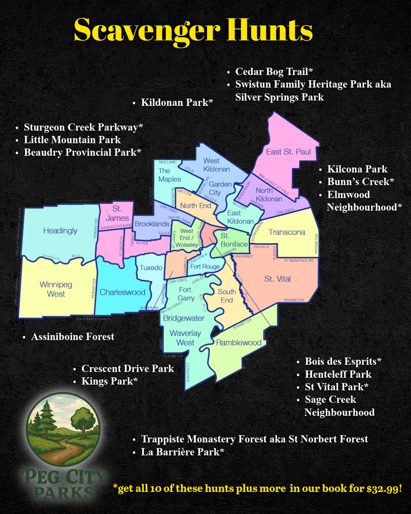 Image of a map of Winnipeg and the 'Peg City Parks Scavenger hunts that are available. 